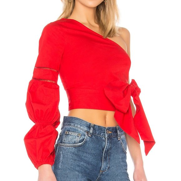 Revolve Tularosa One Shoulder Asymmetrical Cropped Bow Red Lola Blouse - Size XS - Picture 2 of 7